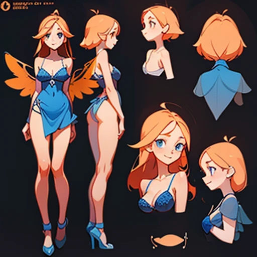  A girl with a young and delicate face, with big blue eyes full of curiosity and energy. Fair skin with a warm smile on her lips.

Long, straight hair with a vibrant orange-red tone and loose

Body with a slender and well-proportioned figure. Light and soft skin

Dressed in blue erotic  Lingerie   and with fairy wings 

(((character sheet))) ((various views)) ((front and back) (Face detail) (full body)