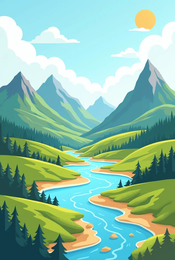 Cartoon easy drawing. Create a poster that illustrates the different landscapes and ecosystems found on Earth. Include at least three different landforms (e.g., mountains, valleys, plains) and two water bodies (e.g., rivers, lakes). Cartoon. Very easy to draw. Landscape. Very very easy to draw.