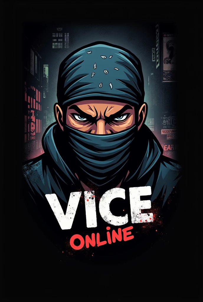 Create a logo with a gang character from the game viceonline with his head covered in a bandana style with the name kar_2k24