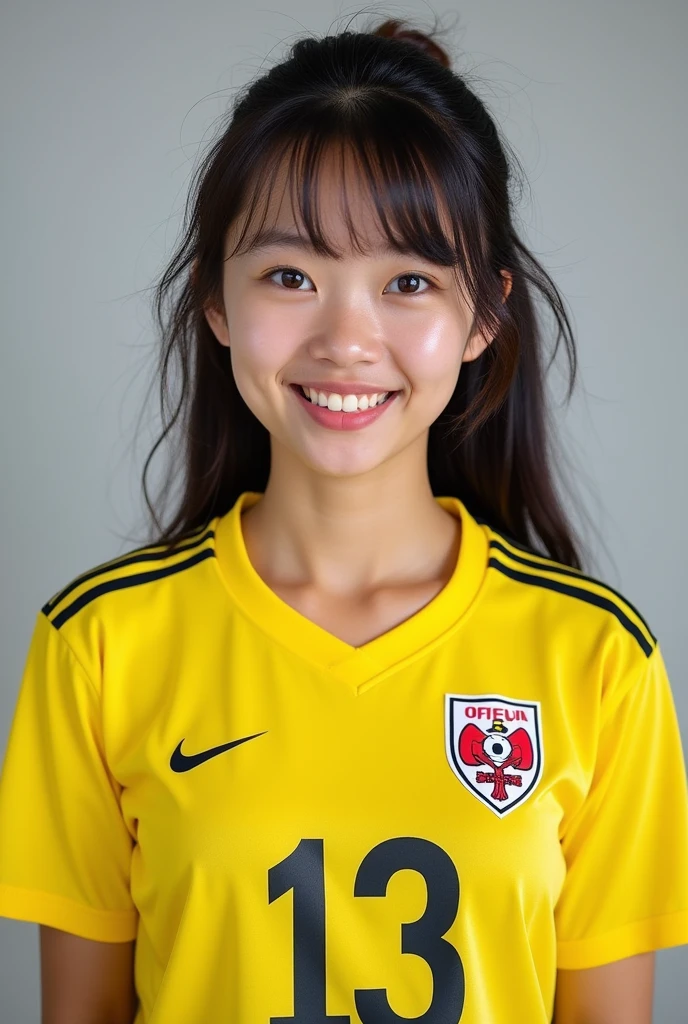 20th Generation.woman.Japanese.soccer.J3 League.Kitakyushu City, Fukuoka Prefecture.Giravanz Kitakyushu.Umbrian.2024authentic uniform..Toto logo on chest.Yellow uniform.One person