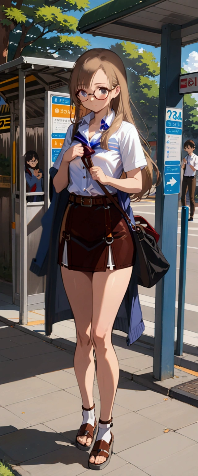 realistic anime illustration of age girl is holding a jacket and waiting bus on bus stop, she has light brown long hair (+forehead), wearing eyeglasses, white short sleeves collared shirt, unbuttoned top shirt, black pencil mini skirt with brown belt, (1girl, solo,full body), (masterpiece, best quality, japanese anime style)