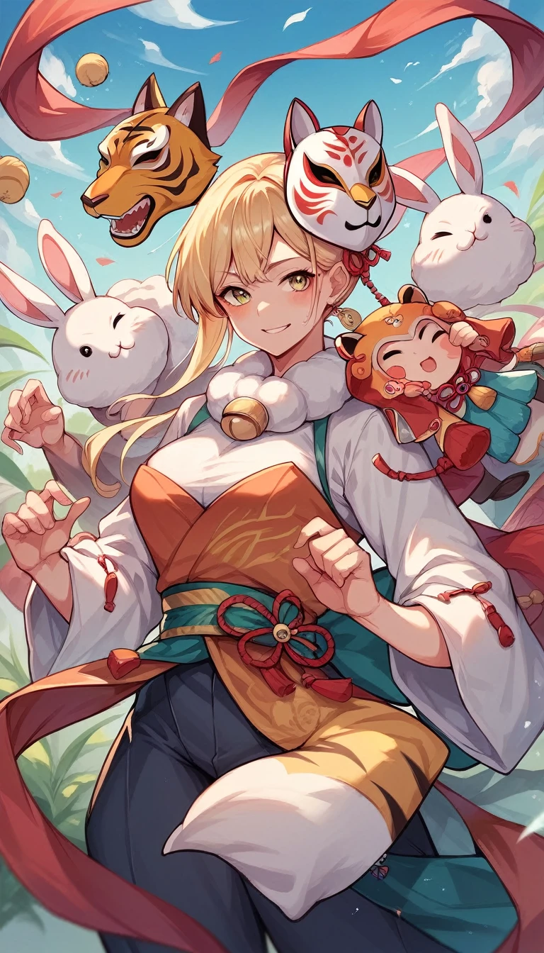 5 people wearing animal masks, at an elegant party, royalty, fox mask, rabbit mask, wolf mask, tiger mask, lamb mask.