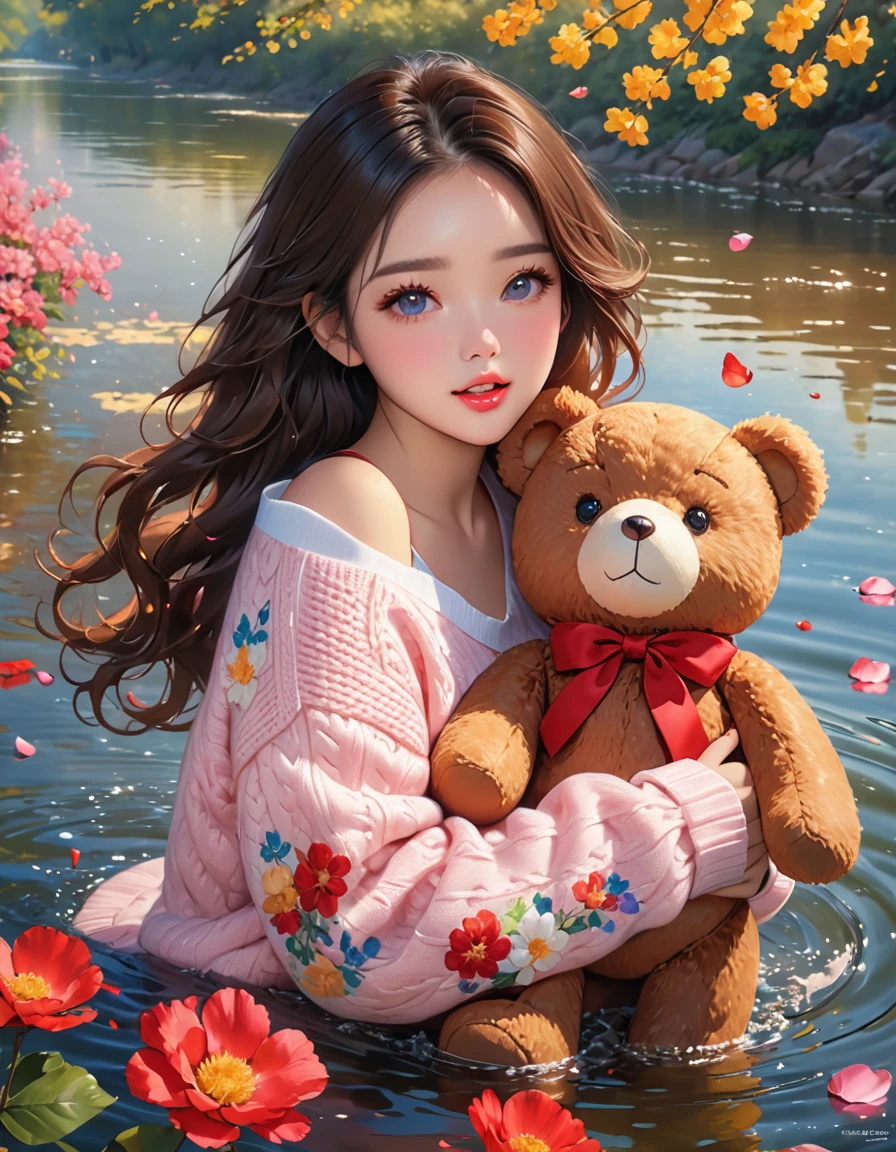 1girl walking on the river, mix4, sweater, pillow, lips, open_mouth, realistic, photo_(medium), solo, stuffed_animal, stuffed_toy, teddy_bear,(masterpiece),(photorealistic:1.3), ultra-detailed, (high detailed skin:1.2),(best quality:1.0), (ultra highres:1.0), (ulzzang-6500:0.3), wavy detailed hair, long hair, sunshine, (beautiful detailed makeup), (sexually aroused blushing heavy breathing:1.0), floral theme flower petals scattered, (soft glow bloom:0.5)