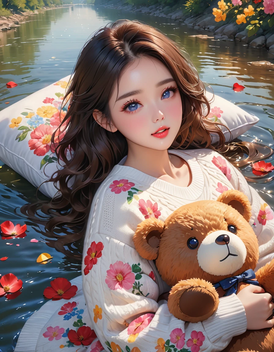 1girl walking on the river, mix4, sweater, pillow, lips, open_mouth, realistic, photo_(medium), solo, stuffed_animal, stuffed_toy, teddy_bear,(masterpiece),(photorealistic:1.3), ultra-detailed, (high detailed skin:1.2),(best quality:1.0), (ultra highres:1.0), (ulzzang-6500:0.3), wavy detailed hair, long hair, sunshine, (beautiful detailed makeup), (sexually aroused blushing heavy breathing:1.0), floral theme flower petals scattered, (soft glow bloom:0.5)