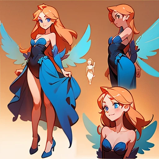  A girl with a young and delicate face, with big blue eyes full of curiosity and energy. Fair skin with a warm smile on her lips.

Long, straight hair with a vibrant orange-red tone and loose

Body with a slender and well-proportioned figure. Light and soft skin

Dressed in blue erotic  Lingerie   and with fairy wings 

(((character sheet))) ((various views)) ((front and back) (Face detail) (full body)