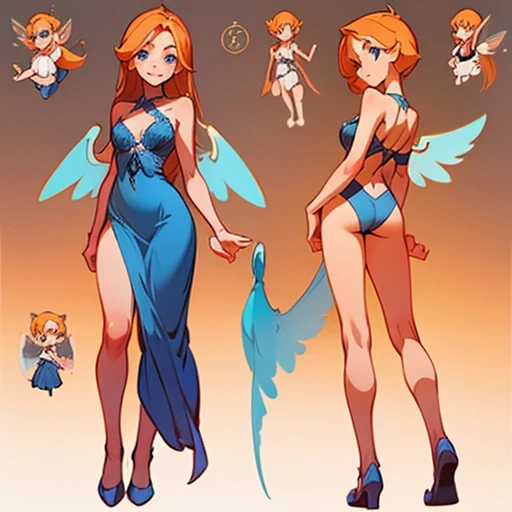 A girl with a young and delicate face, with big blue eyes full of curiosity and energy. Fair skin with a warm smile on her lips.
Long, straight hair with a vibrant orange-red tone and loose
Body with a slender and well-proportioned figure. Light and soft skin
Dressed in blue erotic Lingerie and with fairy wings
(((character sheet))) ((various views)) ((front and back) (Face detail) (full body)