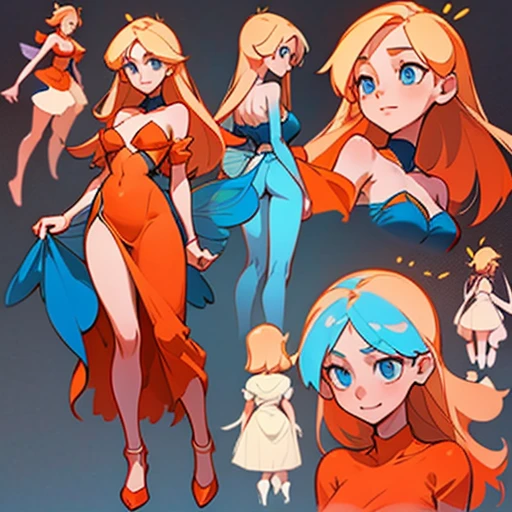 A girl with a young and delicate face, with big blue eyes full of curiosity and energy. Fair skin with a warm smile on her lips.
Long, straight hair with a vibrant orange-red tone and loose
Body with a slender and well-proportioned figure. Light and soft skin
Dressed in blue erotic Lingerie and with fairy wings
(((character sheet))) ((various views)) ((front and back) (Face detail) (full body)