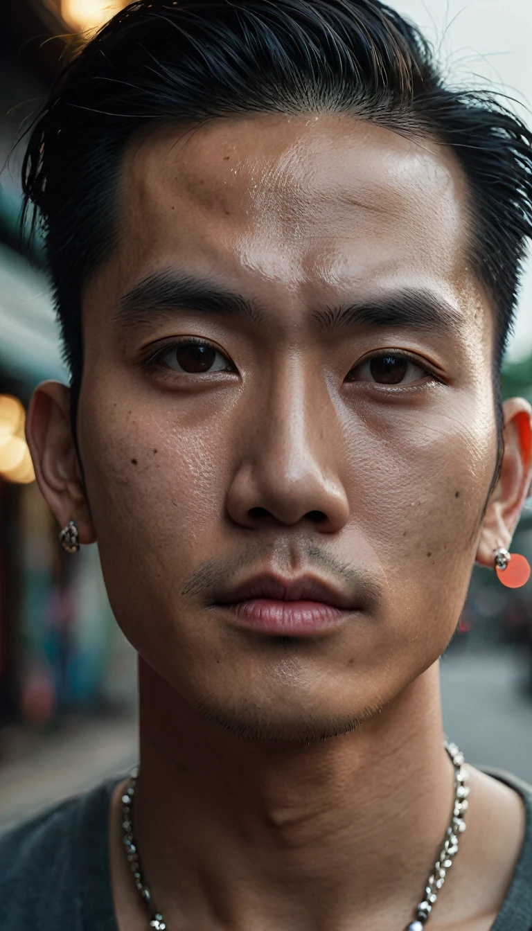 Photo of a young Vietnamese man, half-body, gentle features, muscular, tattooed, wearing a necklace, hair tied up, street scene, gangster style, romance. Soft, warm skin tones. Kind, slightly curved lips suggesting a faint smile. Wide, almond-shaped eyes with a deep, melancholic gaze. Eyebrows slightly furrowed, conveying inner turmoil. Smooth forehead with a hint of worry lines. 
Vietnamese cinema.
Hyper-realistic digital painting style with fine details. High-resolution image emphasizing texture of skin and eyes.
The atmosphere is tense and foreboding, with a hint of supernatural energy. Hyper-realistic digital art style, high contrast, dramatic lighting.
Eyes are filled with sadness and longing. 
Cinematic lighting, high detail, 8k, artstation, conceptual art, dark fantasy. Photo taken with Canon EOS R5 85mm f/11 camera, ((sharp)) mode of people and surrounding scenery. Image quality ((8K)), ((realistic)), ((masterpiece)), ((sharpest and highest contrast)), ((excellent depth of field)), ((stereoscopic lighting)), ((Kind, nice)), detailed pores