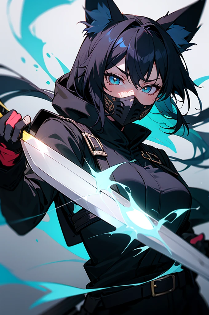 An female anime character in a black mask and thief outfit, armed with a blue energy-infused katana and fox ears medium sized chestanime girl, black hair, swordswoman, black mask, blue energy, katana, fox ears, black thief outfit