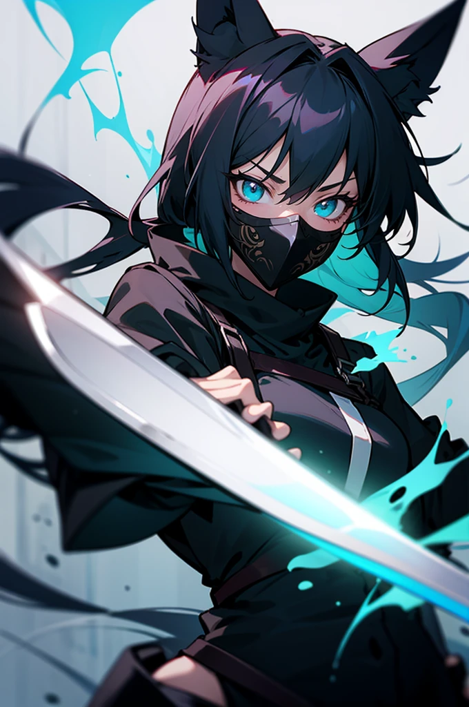 An female anime character in a black mask and thief outfit, armed with a blue energy-infused katana and fox ears medium sized chestanime girl, black hair, swordswoman, black mask, blue energy, katana, fox ears, black thief outfit