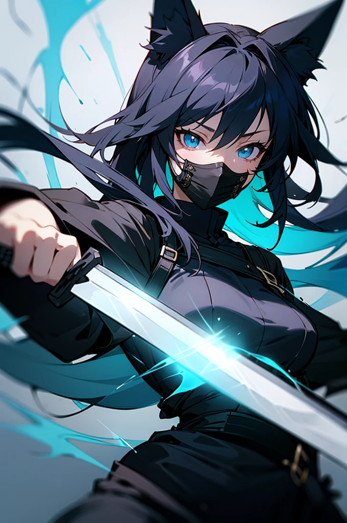 An female anime character in a black mask and thief outfit, armed with a blue energy-infused katana and fox ears medium sized chestanime girl, black hair, swordswoman, black mask, blue energy, katana, fox ears, black thief outfit