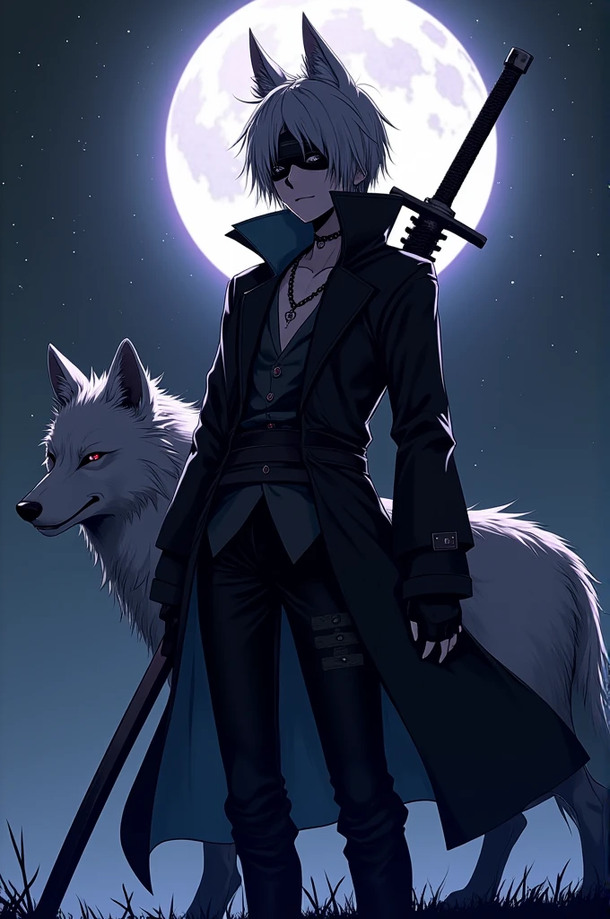 Create an anime-style character for a gaming YouTube channel. The character should have a mysterious and dark appearance, wearing a blindfold. They should be accompanied by a wolf companion. The overall aesthetic should be edgy and cool. The character should be holding a katana, symbolizing skill and determination. Background: A dark, starry night with a full moon. Color palette: Dark blues, purples, and blacks
