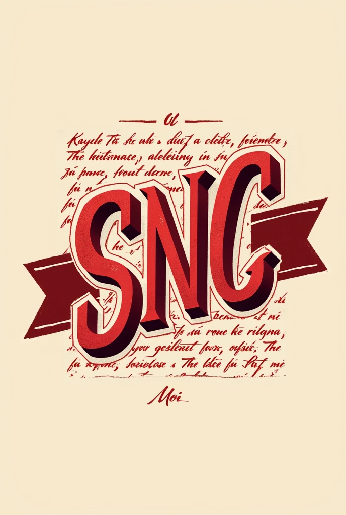 Logo written SNC with ribbons flying a little less realisttic and a little crooked red As if it were a famous brand With a background wrapped in crooked writing red