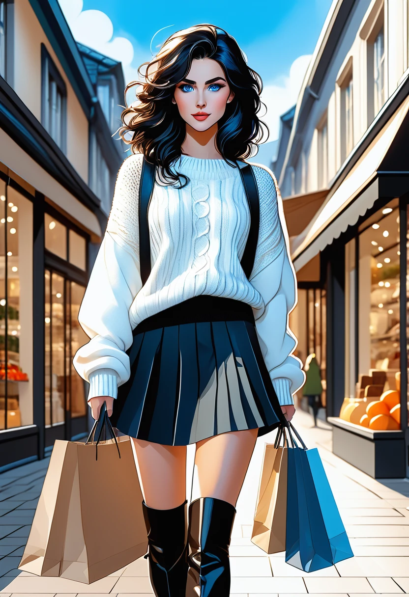 vector style, anime,Masterpiece, best quality, solo representation of a woman with wavy black hair and blue eyes, looking directly at the viewer. She is wearing a white sweater paired with a black skirt and long black boots. The scene is depicted as a watercolor illustration in graphic designer style. She actively shops, surrounded by various stores and shopping bags, creating a lively and dynamic environment.