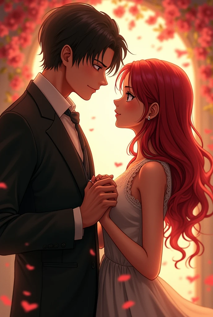 Monkey D. Handsome Luffy in a suit is holding hands with a girl with romantic red mullet layer hair