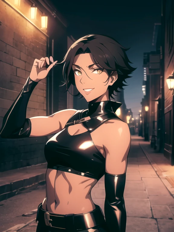 castlevania style, outdoors, Empty City at Night, 1girl, solo, 26 years old, tomboy, Short Black Hair, (tan-bronze skin), yellow eyes, medium breasts, cleavage, (Midriff), (Wearing: opened blue jacket, Strapless black top, Belt, Black shiny leather pants), toned, hourglass figure, athletic, agile physique, snarky expression, looking at viewer, wide smile, (agile physique:1.1), upper body , ((masterpiece))
