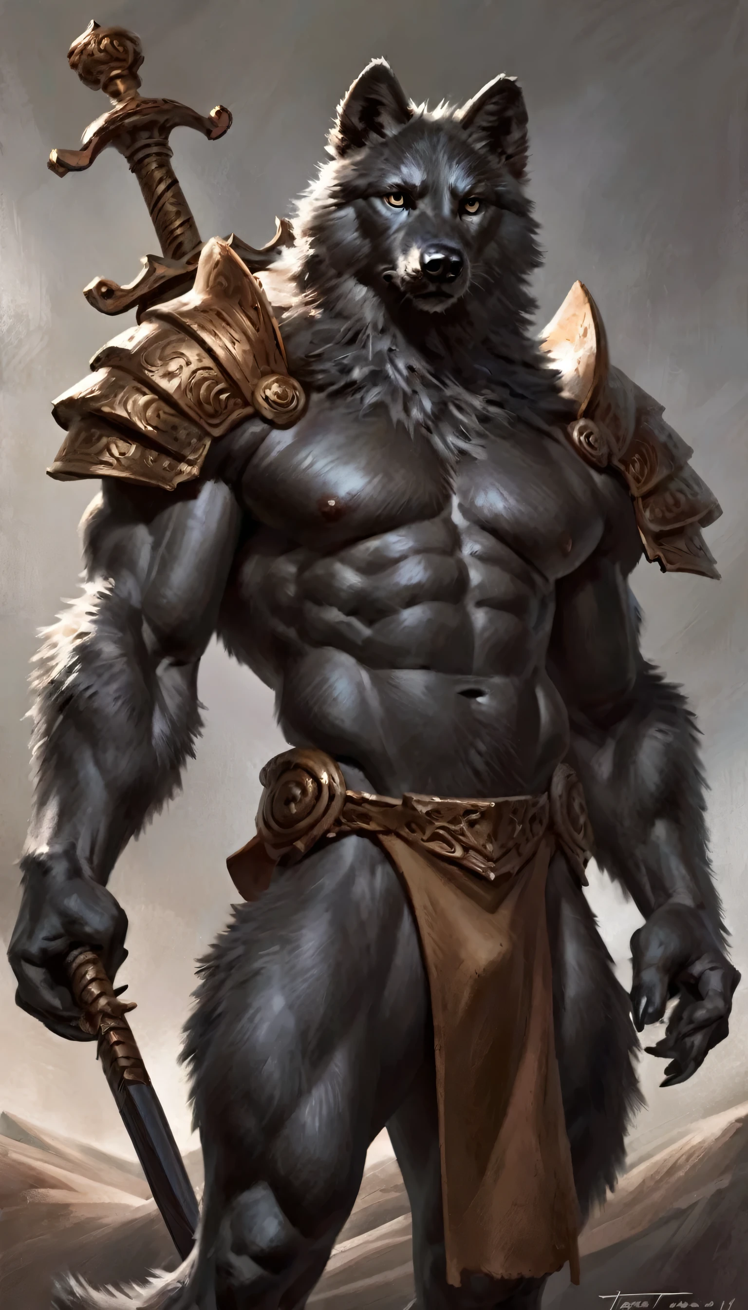 Anthro male black wolf knight holding a two-handed greatsword, alone, arrogant expression, masterpiece, Best Art, whole body, by violinist taran, detailed eyes, detailed body, claws, high, top-less, Pecs, ABS, Nipples, shoulder pads, standing, White loincloth.
