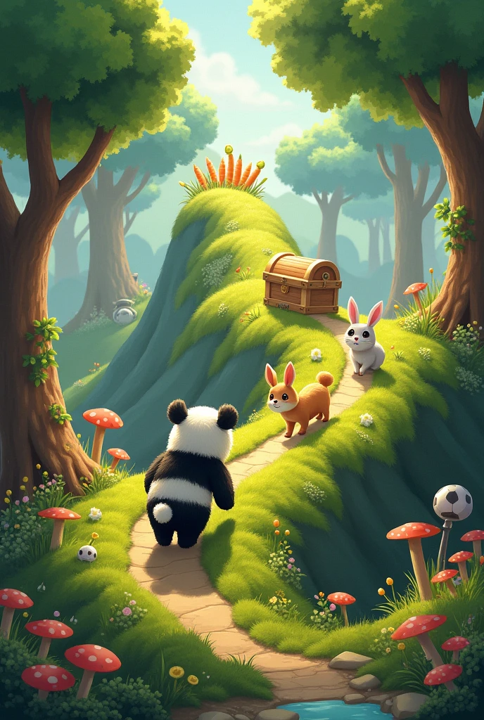 A Panda, A rabbit and a cat climbing a hill in search of a chest with golden carrots