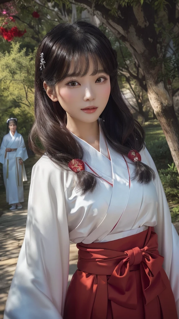 An Asian woman in her fifties wearing a white and red dress standing in a park, white Hanfu, palace , a girl in Hanfu, Hanfu, Flowing hair and long robes, Wearing ancient Chinese costumes, Wearing ancient Chinese costumes, Shirahime cut hairstyle, Live-action movie stills, wearing a simple robe, 長くFlowing white robes, Flowing white robes