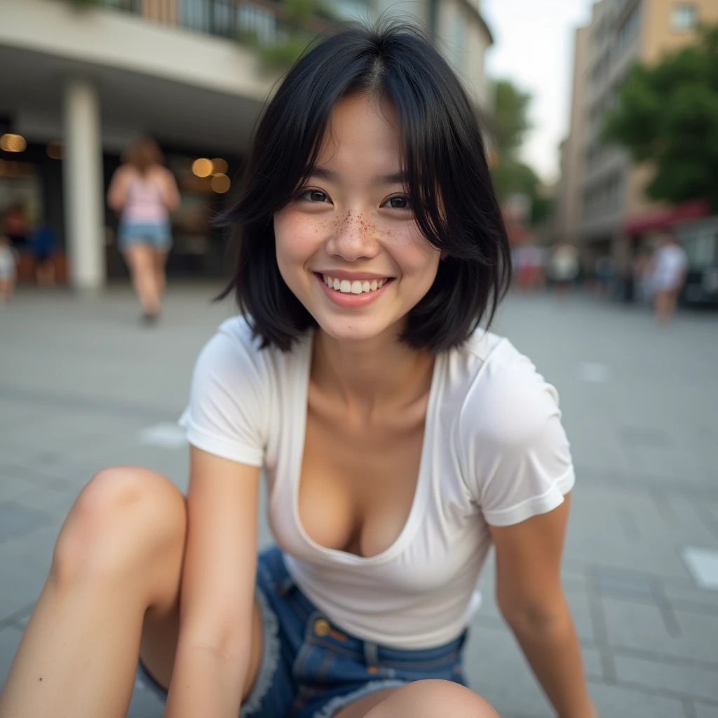 Selfie shot of a Very beautiful sexy white pale girl with freckles, short black hair, wearing an small white low-cut tshirt and a very short jeans, sitting in a plaza, smiling, big pointy breasts, big tits, showing lot of cleavage, dark blue eyes, fulll lips, small delicate pointy nose, highly detailed, 19 years old, slim, innocent face, charming smile, shot with iphone, deep depth of field, everything is in focus, legs spread open, showing a beautiful cute smile, head slightly tilted to one side