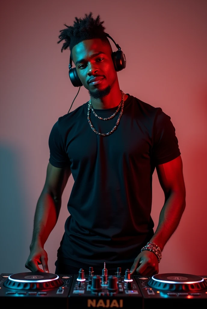 Photo of a male dj performing and posing for the photo in a stylish design(kenyan) in black t shirt and very few jewelries to use as a logo for my video mixes.