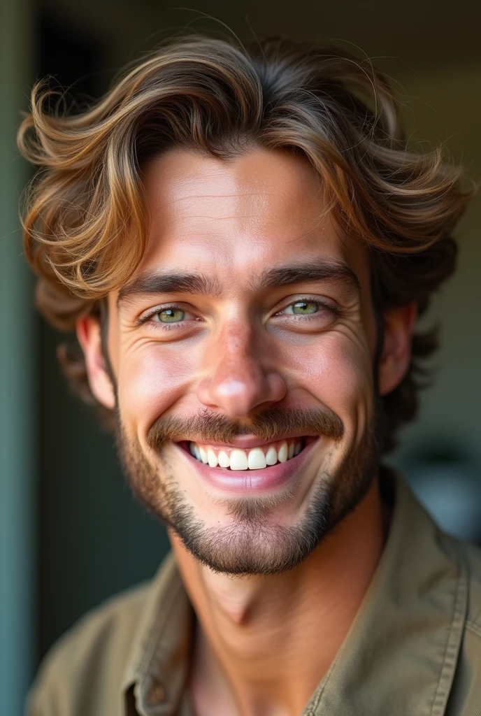 Realistic photo of 26 year old man; long hair, medium blonde and curly; greeneyes; Grinning; sem beard