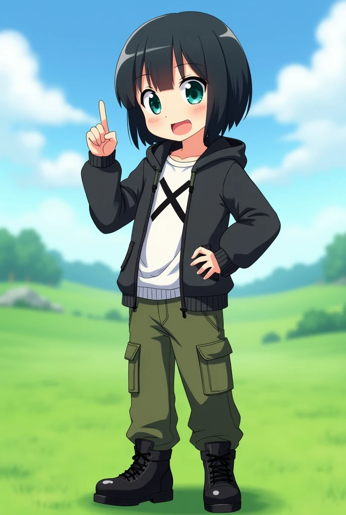 General description:
"A young girl with short, straight black hair, and big emerald-colored eyes, full of curiosity and determination."
Clothes and accessories:
"Dressed in a dark grey hooded sweatshirt with a zip, partially closed, revealing a white t-shirt with a black 'X' in the center. He wears olive green cargo pants, with multiple useful pockets, and black leather lace-up boots, robust and resistant."
Expression and Posture:
"With a happy and confident expression, standing in a natural posture, with one hand on the hip and the other raised as if pointing at something."
Environment and background:
"In an environment similar to a green meadow under a clear sky, Captured in an anime or manga style."