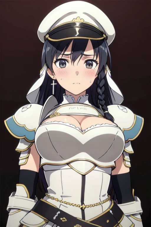 Sonia Blanche, cross earrings, hair ornament, veil, armored dress, pauldrons, breastplate, gauntlets, belt, skirt, greaves, (white peaked cap), 1girl, solo, upper body, big breasts, facing viewer, looking at viewer, (aroused facial expression), blush, sweat, (simple dark background), view from below