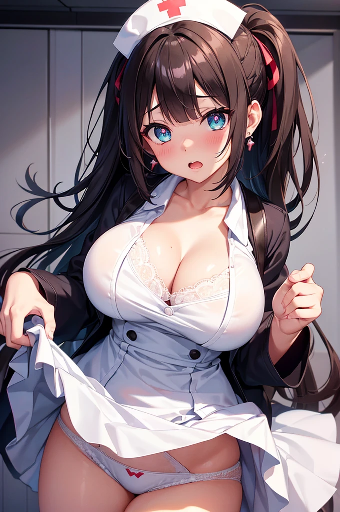 A beautiful girl dressed as a nurse posing for the photo, using a stethoscope and a syringe, anime girl, (quite adorable sexy nurse dress and robe and nurse hat), upskirt, (skirt lift:1.4), white panties, white lace stockings, big rounds breasts, dark brown hair, bangs, french braid, long hair, ponytail, wavy hair, asymmetrical bangs, asymmetrical bangs, shiny hair, nurse cap, hairclip, hair ribbon, aqua eyes, glowing eyes, pupils sparkling, earrings, open mouth, embarrassed, blush, nervous, surprised, glossy lips, worried, high detail, anime, anime style, depth of field, cinematic lighting, dithering, image fill, first-person view, dutch angle, (front view:1.4), from below, (whole body), atmospheric perspective, perspective, Wide-Angle, f/1.8, 85mm, Nikon, 8k, super detail, UHD, retina, masterpiece, accurate, anatomically correct, textured skin, high details, best quality, highres