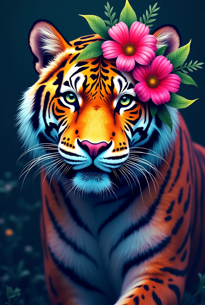 Create a fantastic Amazonian jaguar. A mix of jaguar and tiger, flowers in the head, color full, rainbow colours,spectacular, vibrant, no signature, no watermark