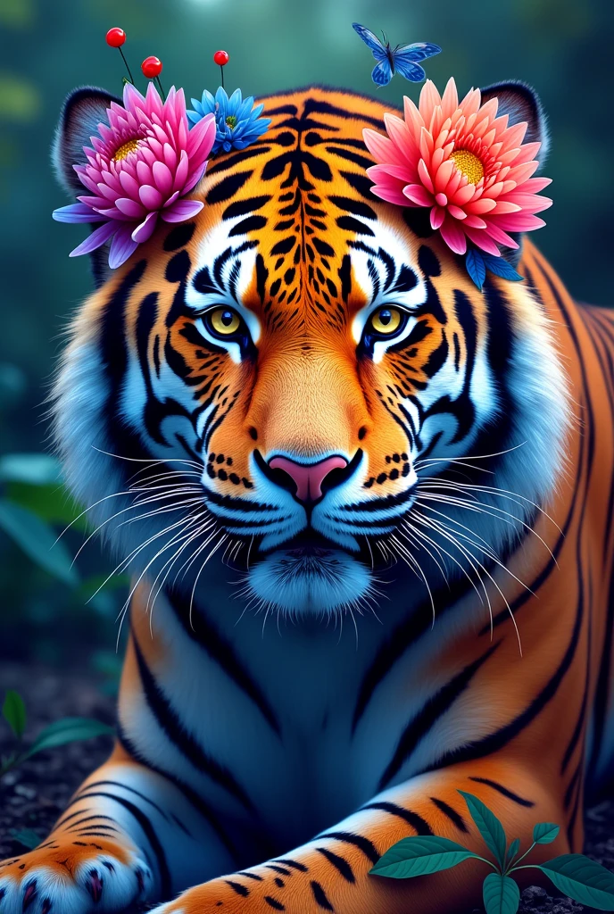 Create a fantastic Amazonian jaguar. A mix of jaguar and tiger, flowers in the head, color full, rainbow colours,spectacular, vibrant, no signature, no watermark