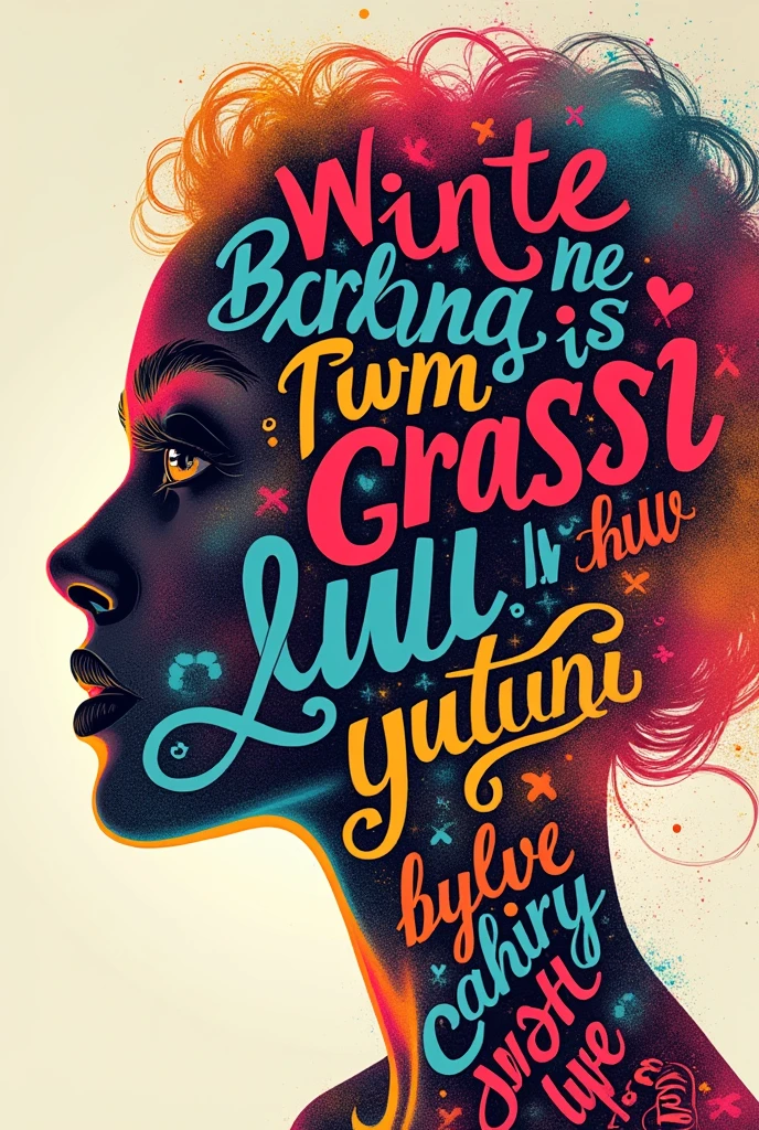 [Core Concept] A visually striking typography poster featuring a silhouette of a woman's face composed of colorful text. [Character Description] The woman's facial features are formed by the placement of the text, creating an appealing and expressive portrait. [Environment/Background] The background is set against a vibrant multi-colored palette, adding a dynamic and eye-catching element to the design. [Style and Mood] The overall aesthetic is modern, bold, and artistic, resulting in a playful and visually appealing composition. [Composition] The text is expertly arranged to flow and curve to seamlessly integrate with the woman's facial structure, creating a harmonious and visually appealing piece. [Details and Embellishment] Individual letters and words are rendered in a variety of colors, textures, and styles, adding depth and visual interest to the typography-based portrait. [Technical Specifications] This digital artwork is suitable for high-quality printing as a poster, with a resolution and file format suitable for professional printing, (psychedelic art:1.4)