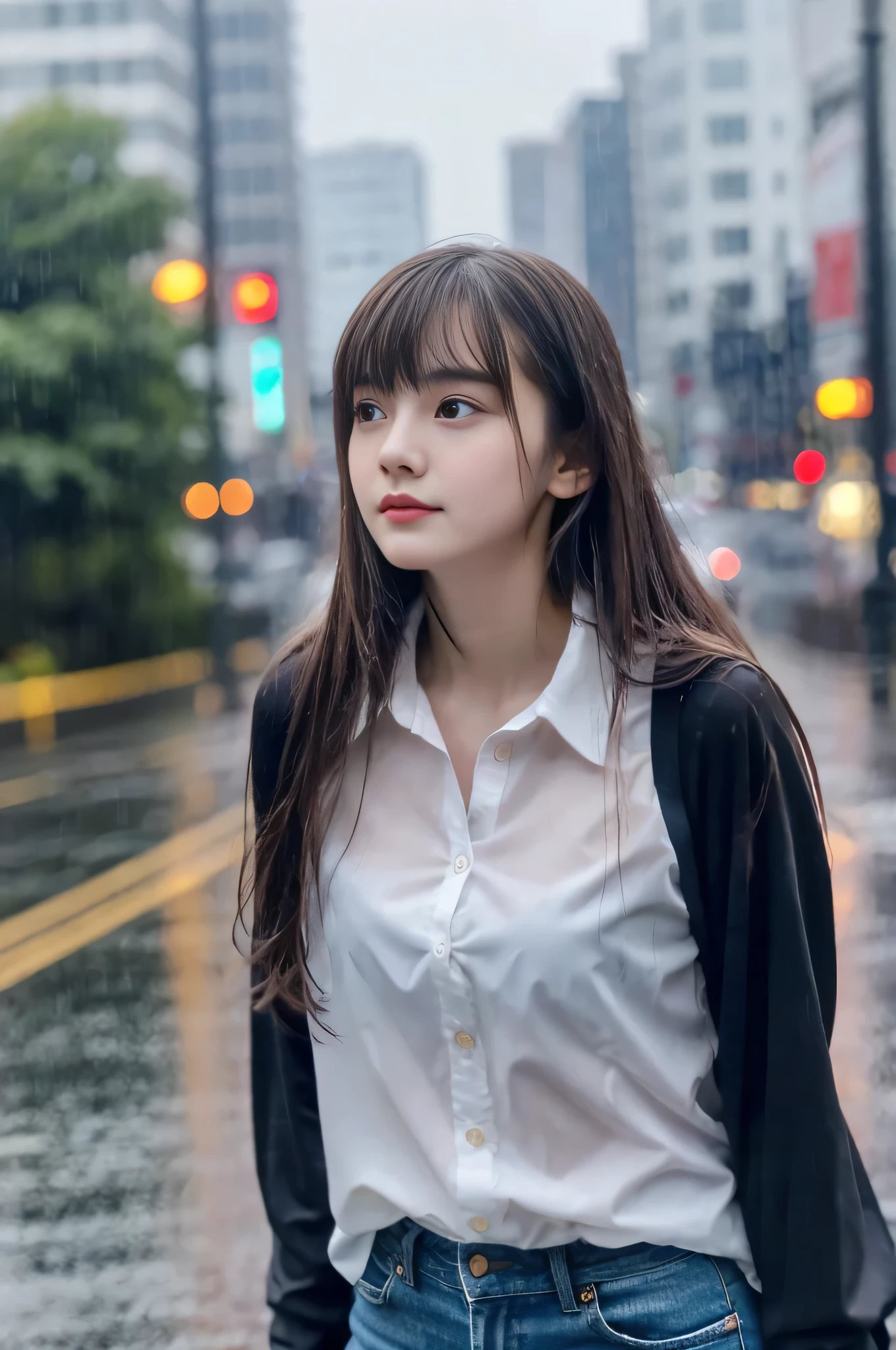  beautiful girl、Highest image quality、realistic、16K、beautiful woman、long hair、With bangs、Pretty slim、heavy rain、While walking through the city in the rain、wet from heavy rain、Full body figure、thin waist、clear background、Look up at the sky