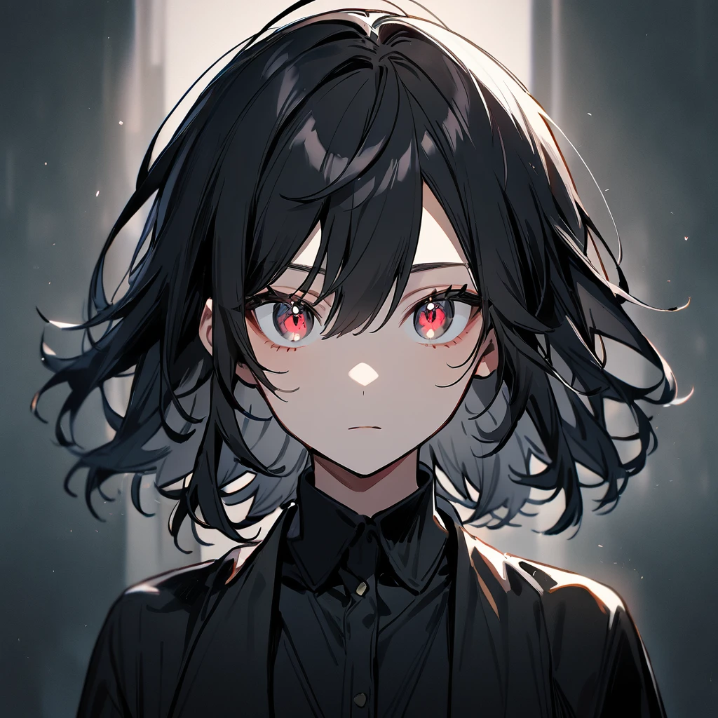 1girl,Solo,mediumhair,blackhair,Shinyeyes,bigeyes,Androgynous,Tsurime,portrait
