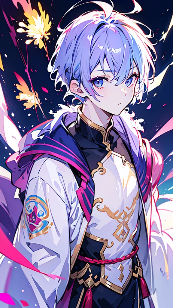 ((Highest quality)), ((masterpiece)), ((1 person)),Perfect Face、male、Purple hair color、Light blue eyes、Very short hair、vocal、pale colour、whole body、firework、kimono、
