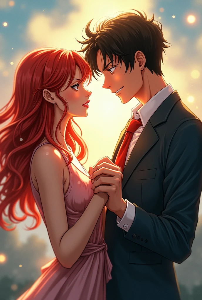 Monkey D. Handsome Luffy in a suit is holding hands with a romantic red tomboy girl