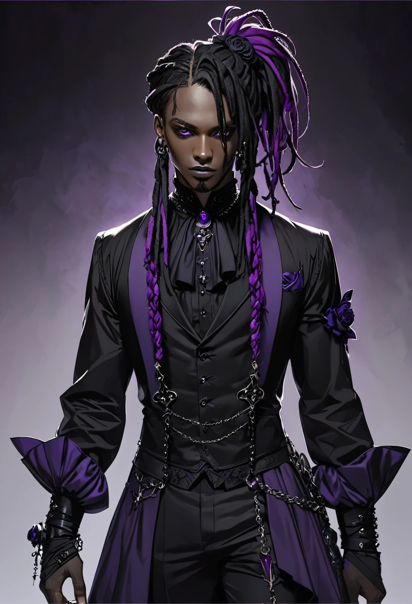 Gothic black man, , , Dreadlocks, , , Villain, , , Black clothing with purple details, , , The clothes follow the Victorian style..