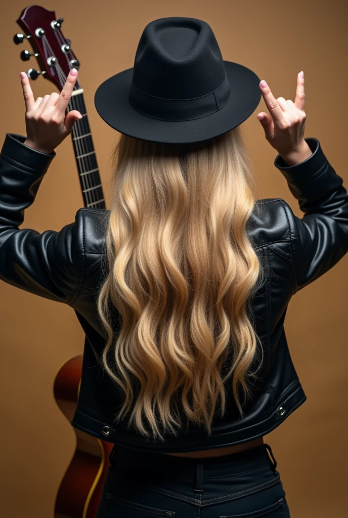 blonde woman from behind, making the rock and roll symbol with her hands, wavy hair down to her shoulders with a leather jacket and a fedora hat and a guitar on her back!
