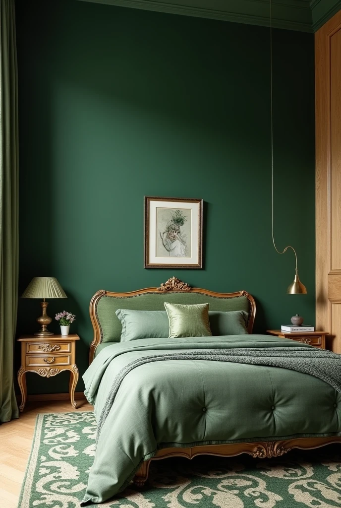 A room with a 4-meter-wide green accent wall, a bed located in the middle of the accent wall,;with a backrest larger than the width of the bed, a Louis XVI style bedside table on the left, a picture hanging above the backrest, and that at the right end of the wall there is a one-meter wide oak wood paneling.
