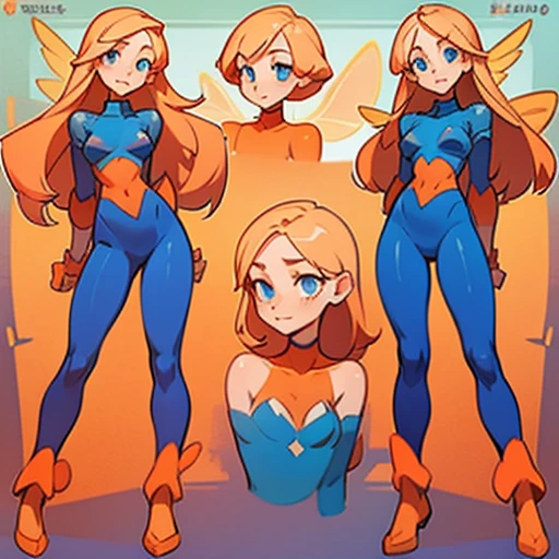  A girl with a young and delicate face, with big blue eyes full of curiosity and energy. Fair skin with a warm smile on her lips.

Long, straight hair with a vibrant orange-red tone and loose

Body with a slender and well-proportioned figure. Light and soft skin

Dressed in blue erotic  bunny suit   and with fairy wings 

(((character sheet))) ((various views)) ((front and back) (Face detail) (full body)