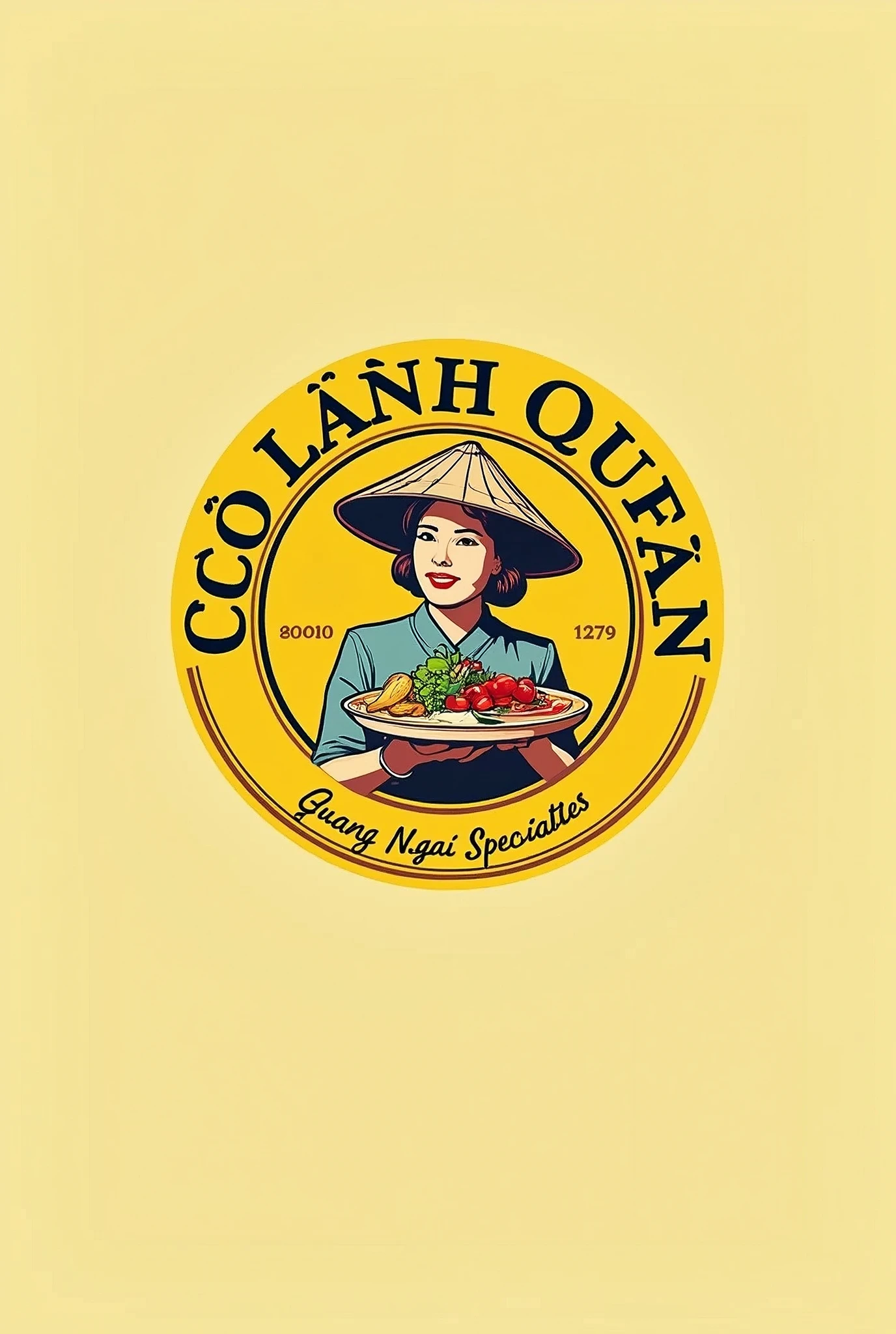 This is a vintage-style logo for a food service called “Cô Lành Quán”. The logo has a woman wearing Việt Nam conical hat holding disk of Quang Ngai specialties foods. The color is mostly yellow, and the text is bold