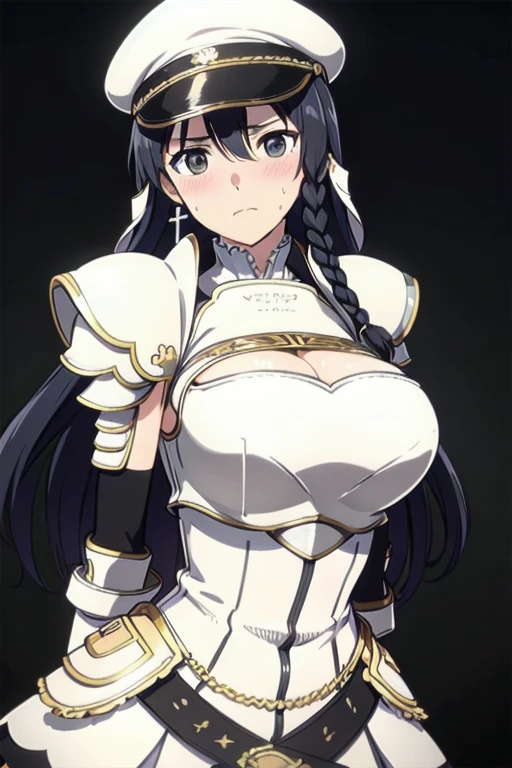 Sonia Blanche, cross earrings, hair ornament, veil, armored dress, pauldrons, breastplate, gauntlets, belt, skirt, greaves, (white peaked cap), 1girl, solo, upper body, big breasts, facing viewer, looking at viewer, (aroused facial expression), blush, sweat, (simple dark background)