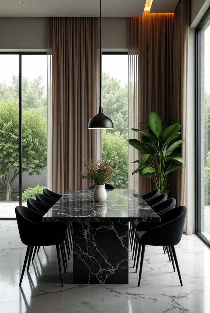 Professional 3d architecture rendering design of modern and minimal   elegant black slab stone marble dining table and eight  elegant velvet black chairs and  elegant curtains and modern windows and modern green space and elegant accessories 