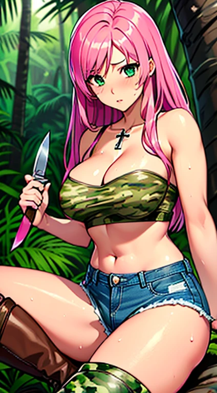 highest quality,(masterpiece),(((Whole body image))),(girl1), (Highly detailed face), Grim face, Beautiful lips,(Big green eyes),(Smooth long straight pink hair:1.5),(strong pink hair:1.6),(Denim hot pants:1.3),(Camouflage pattern tube top:1.3),(Brown leather boots:1.2),(Knife in one hand:1.3),in the forest,In the jungle,Woman in survival mode,Sexy thighs,Heat,Sweat heavily,Tropical forests,During a break,sit cross-legged on the ground,The way the light shines is beautiful, Beautiful buttocks