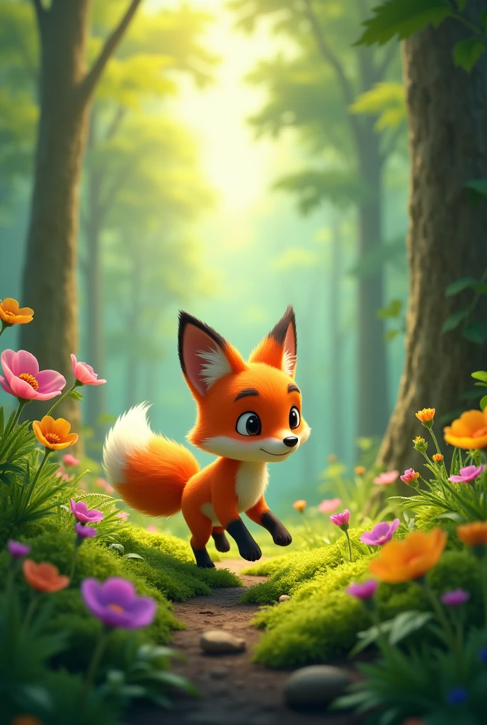 Felix Exploring the Forest
"A curious little fox with bright orange fur exploring a lush, green forest filled with colorful flowers and tall trees."