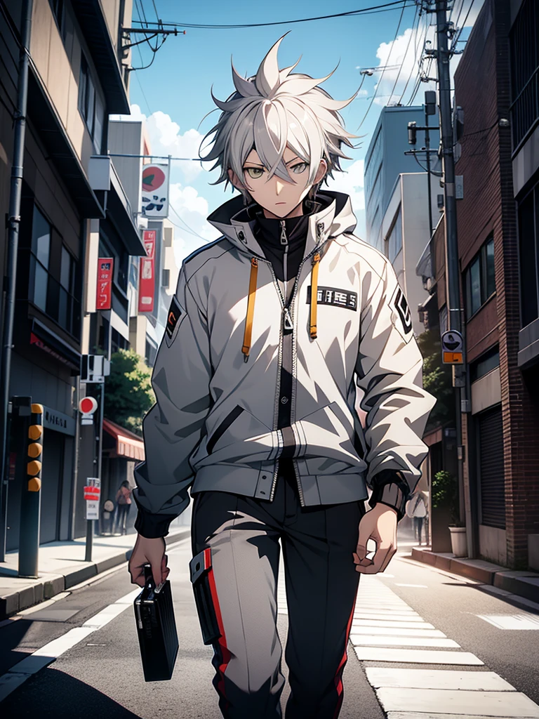 anime character dressed in a white jacket and gray pants, hajime yatate, nagito komaeda, nagito komaeda from danganronpa, official character art, tall anime guy with white eyes, a silver haired mad, male anime character, inspired by Okumura Togyu, digital art from danganronpa, handsome anime pose, his in the neighborhood, good composure, looking at viewer, high resolution, ultrasharp, 8k, masterpiece