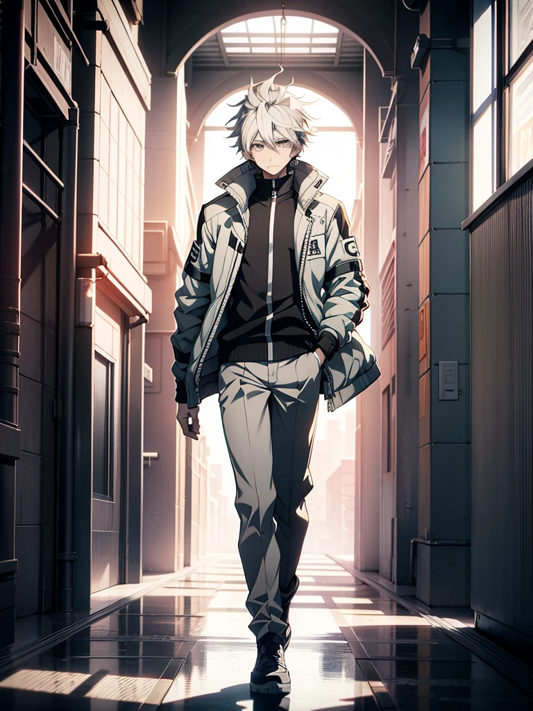 anime character dressed in a white jacket and gray pants, hajime yatate, nagito komaeda, nagito komaeda from danganronpa, official character art, tall anime guy with white eyes, a silver haired mad, male anime character, inspired by Okumura Togyu, digital art from danganronpa, handsome anime pose, his in the neighborhood, good composure, looking at viewer, high resolution, ultrasharp, 8k, masterpiece