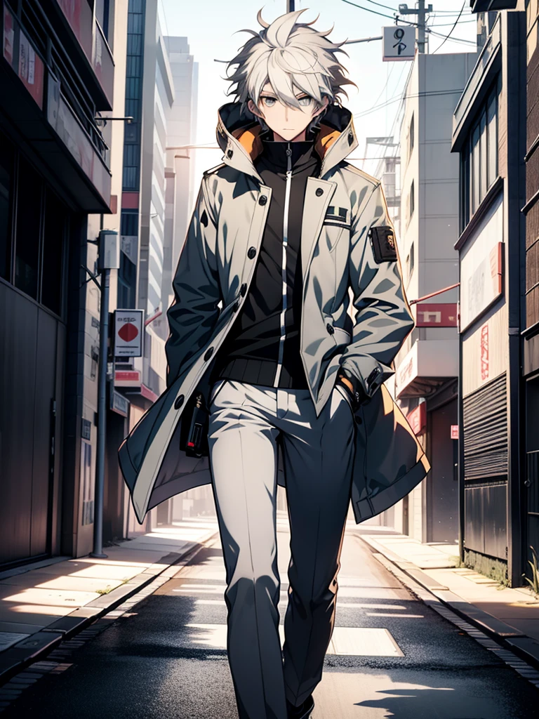 anime character dressed in a white jacket and gray pants, hajime yatate, nagito komaeda, nagito komaeda from danganronpa, official character art, tall anime guy with white eyes, a silver haired mad, male anime character, inspired by Okumura Togyu, digital art from danganronpa, handsome anime pose, his in the neighborhood, good composure, looking at viewer, high resolution, ultrasharp, 8k, masterpiece