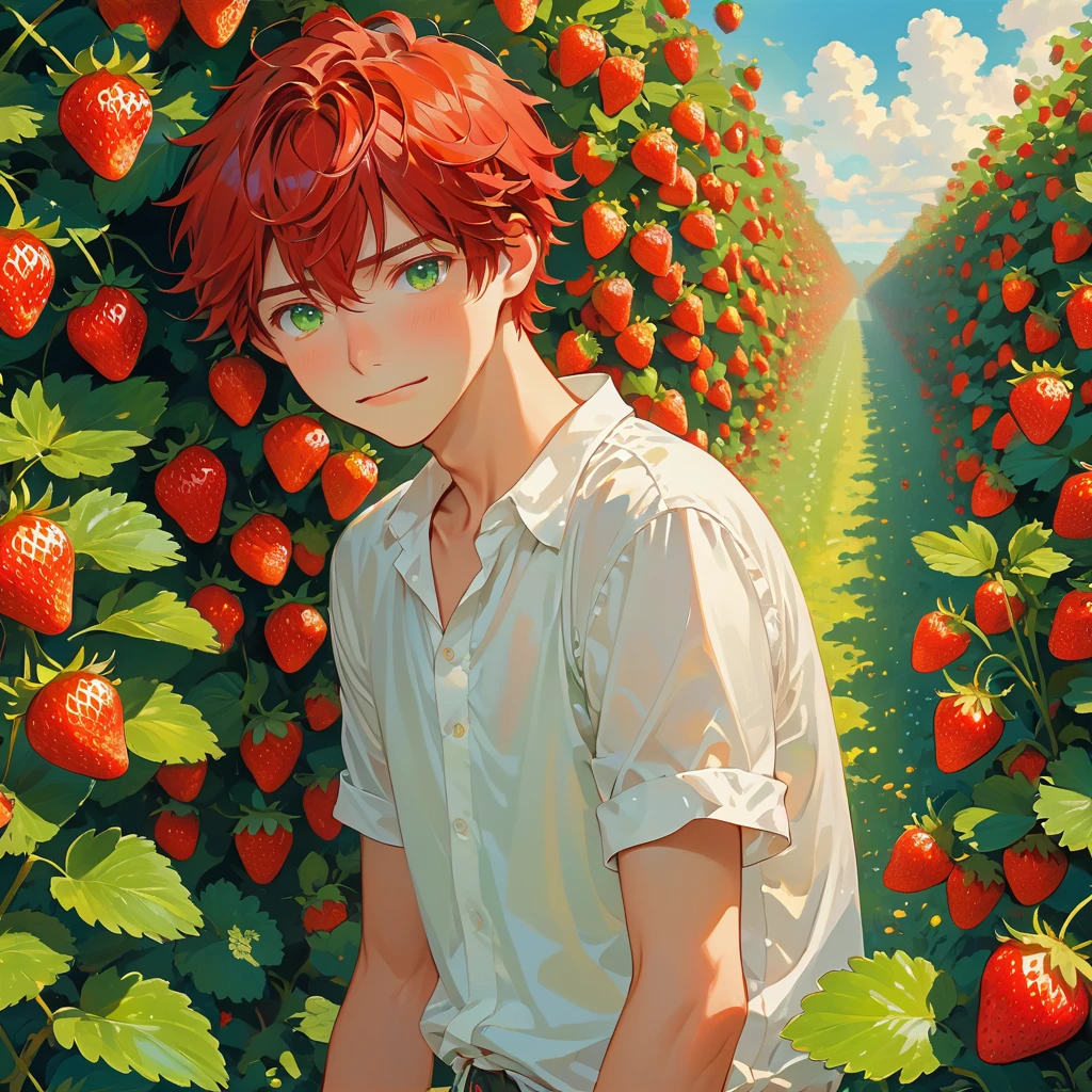 best quality, ultra high res, 1 boy, red hair, green eyes, short and thin body, wearing a white shirt and shorts, ((shy expression)), strawberry field