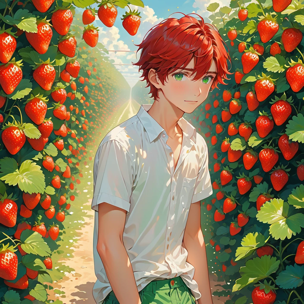 best quality, ultra high res, 1 boy, red hair, green eyes, short and thin body, wearing a white shirt and shorts, ((shy expression)), strawberry field